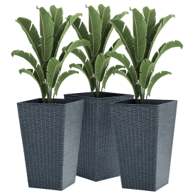 Outsunny Rattan-Style Plastic Planters with Drainage Holes, Set of 3 - 24 Inch Height, Grey