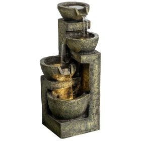 Outdoor Fountain with 4-Tier Stacked Stone Look Bowls, Cascading Waterfall, Adjustable Flow & LED Lights, Rustic Décor for Patio, Zen Garden, Backyard