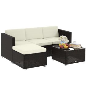 3 Pieces Patio Furniture Set with Cushions, Outdoor PE Rattan Wicker Conversation Corner Sofa Set with Glass Top Table and Adjustable Foot for Garden