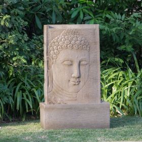 25x13x39" High Sandstone Buddha Fountain, Indoor Outdoor Water Fountain with Light (Color: as Pic)