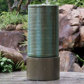 19.5x19.5x43.5" Large Concrete Cylinder Green & Brown Ribbed Water Fountain, Outdoor Bird Feeder / Bath Fountain, Modern Industrial Style (Color: as Pic)